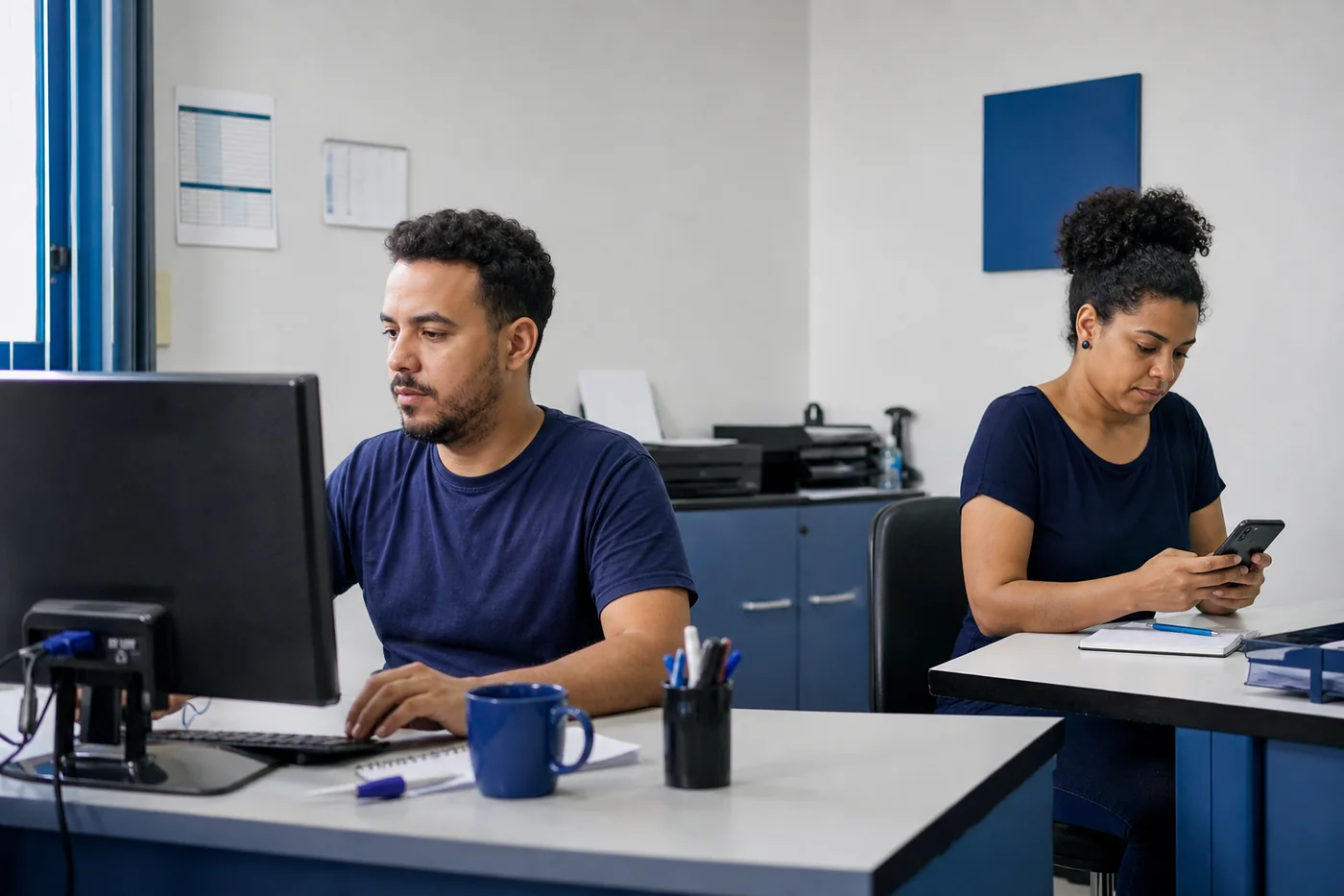 Equipe usa computador e celular durante a rotina de um escritório.