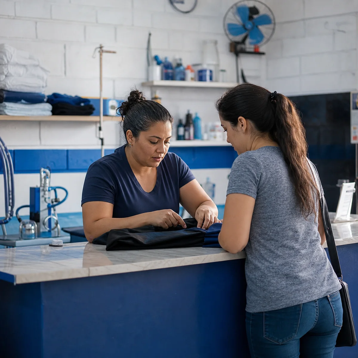 Empreendedora atende uma cliente enquanto a rotina do seu negócio continua.